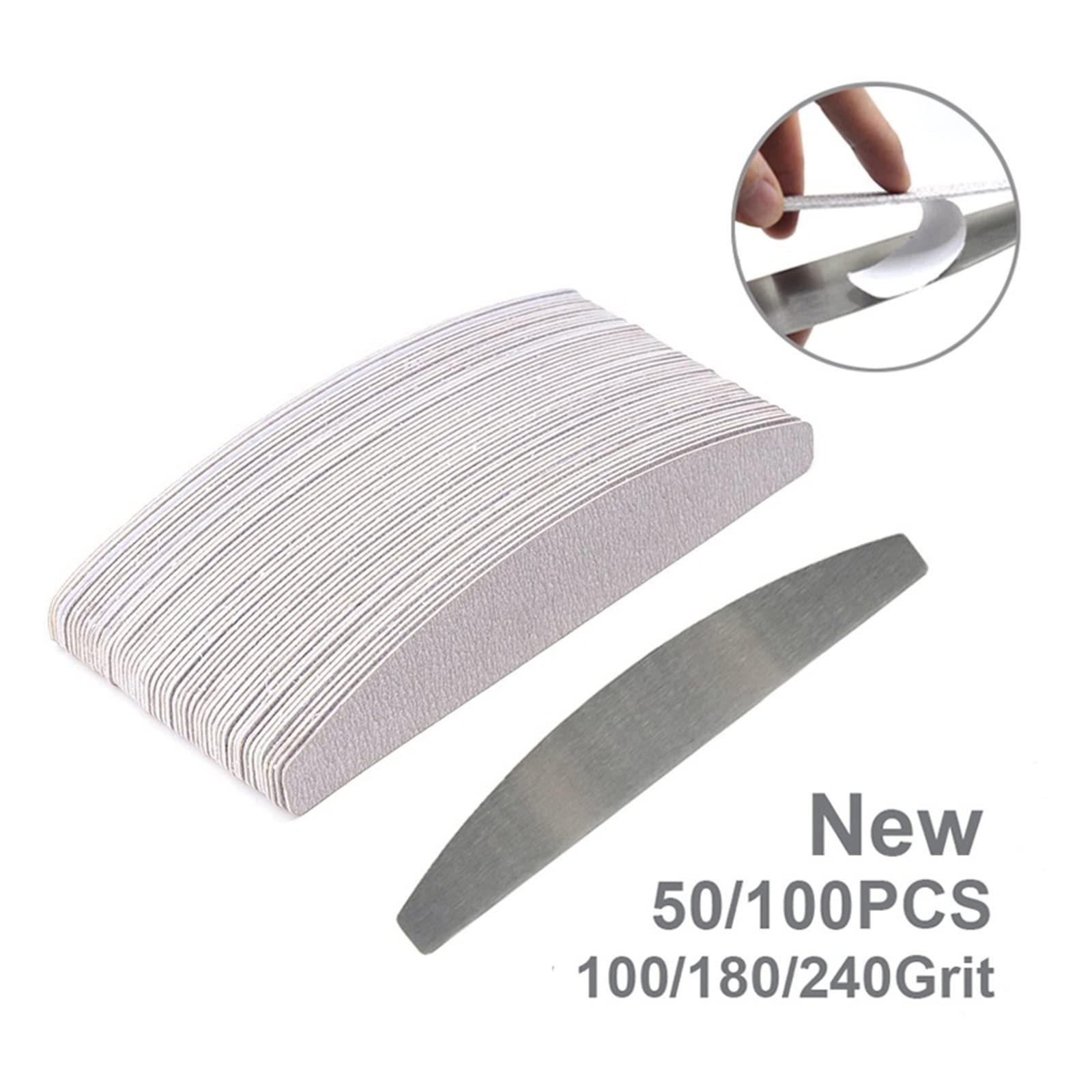 TRUSTTWO 50/100PCS Grigio Lime Professionali for Unghie 100 180 240 Tamponi Rimovibili alla Rinfusa con Manico in Metallo in Acciaio Inox Addensare Carta Vetrata Eva The Clear