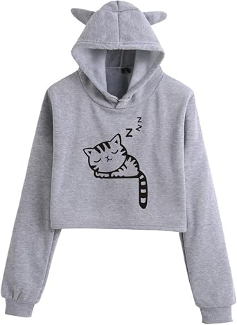 Women Kawaii Cat Ear Hoodie, Preppy Japanese Cute Sleeping Kitten Sweatshirt Aesthetic Crop Top Clothes for Winter Fall