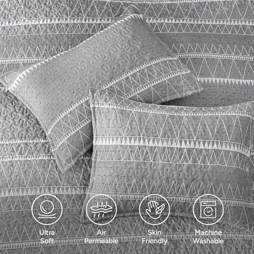 Andency California King Quilt Set Grey, 3 Pieces Boho Striped Bedspread by Andency - Image 5