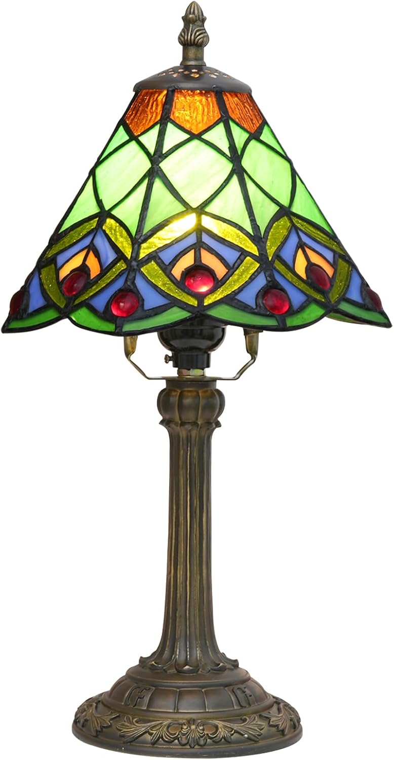 Green Small Tiffany Lamp Stained Glass Table lamp Peacock Tail Bedroom Bedside Light for Living Room Dormitory Bar Retro Style Unique Cute funky Accent Decor Cottage 8" Village gift Nightstand Lamp Peacock Lamp