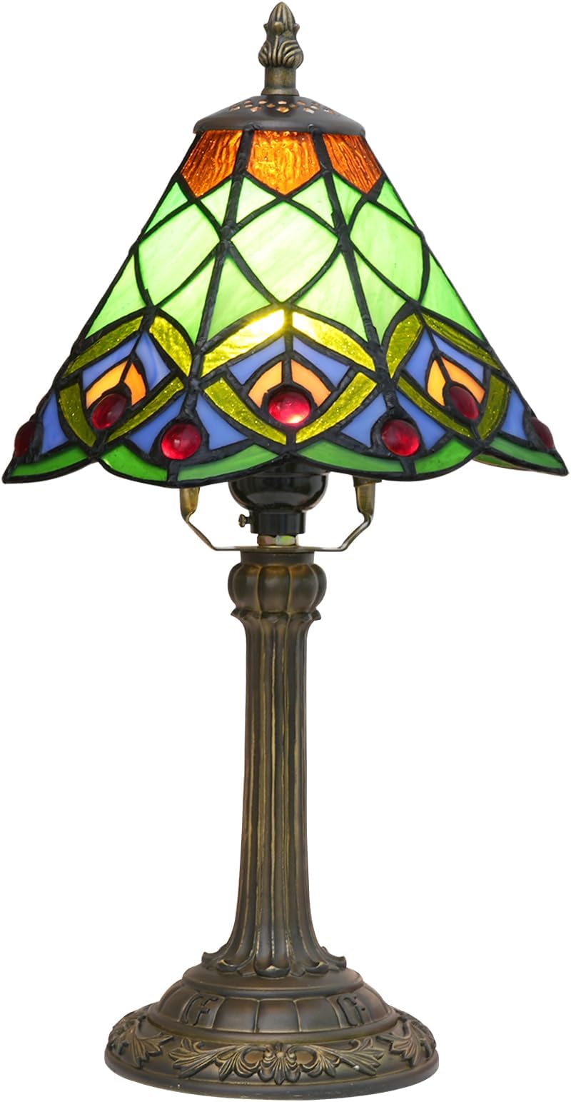 Tiffany Small Stained Glass Table Lamp Green Peacock Tail Bedroom Bedside Desk Light For Office Dormitory Bar Decorate Retro Style Unique Cute Accent Decor Cottage 8 Village Nightstand Lamps