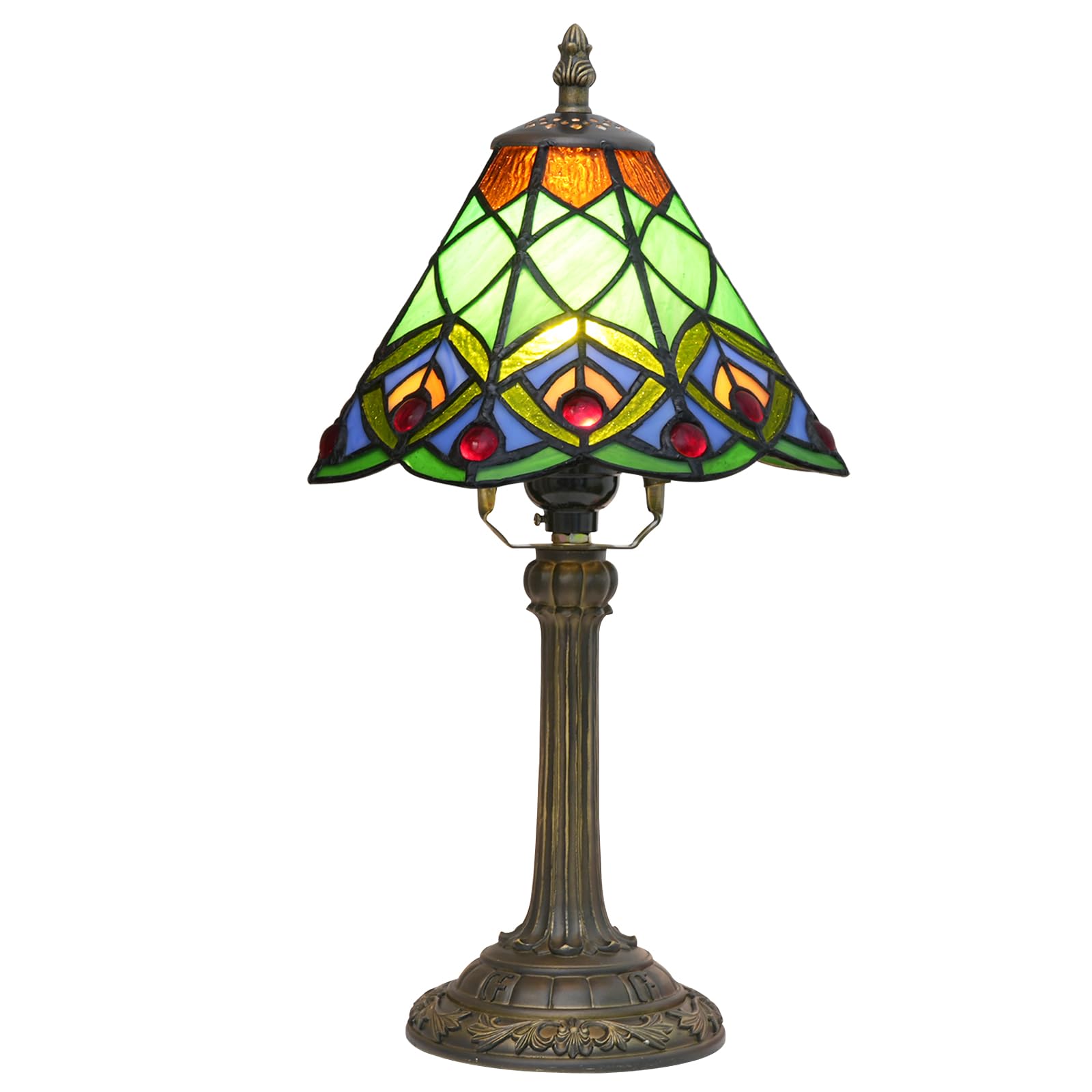 Tiffany Small Stained Glass Table Lamp Green Peacock Tail Bedroom Bedside Desk Light For Office Dormitory Bar Decorate Retro Style Unique Cute Accent Decor Cottage 8 Village Nightstand Lamps [Energy Class F]