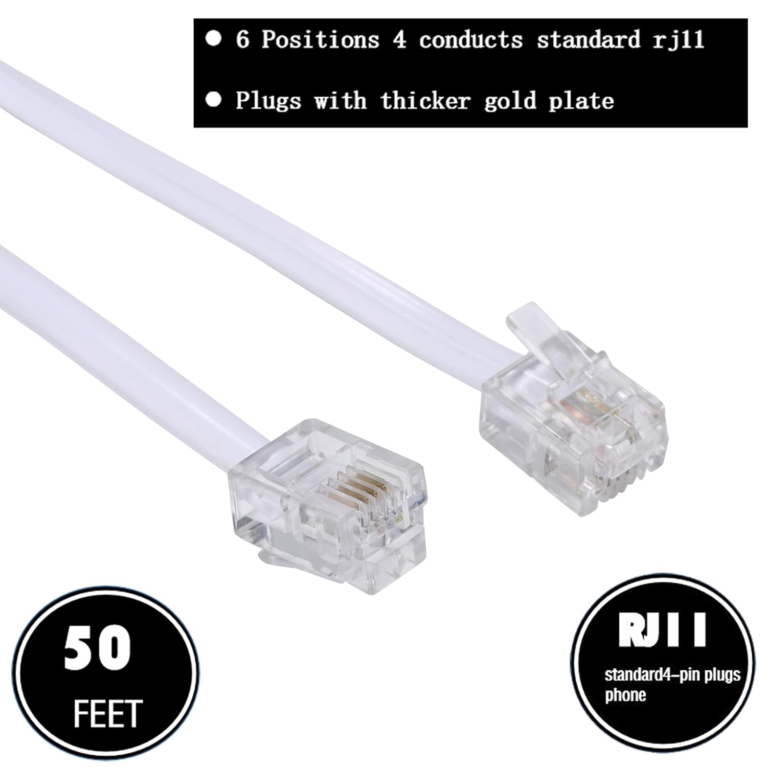 Cable de extensión de teléfono de 100 pies de largo, con enchufe RJ11 estándar y 1 acoplador en línea y 35 soportes de clip para cables, color blanco