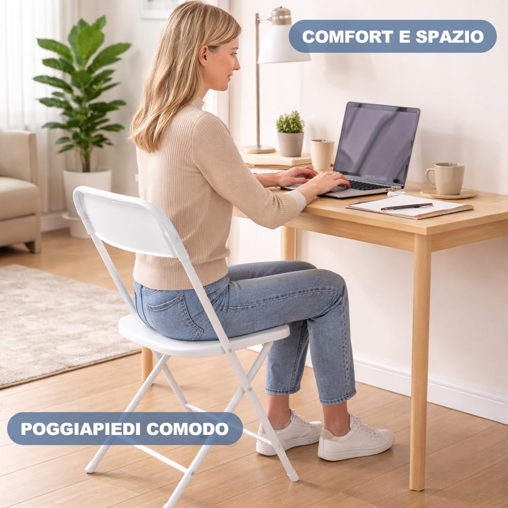 Shally Dogan Set 4 Sedie Pieghevoli Bianche con Struttura in Metallo e Seduta in Polipropilene Ergonomica, Sedia Multiuso Resistente da Esterno ed Interno, Ideale per Bar, Ristoranti, Casa, Giardino