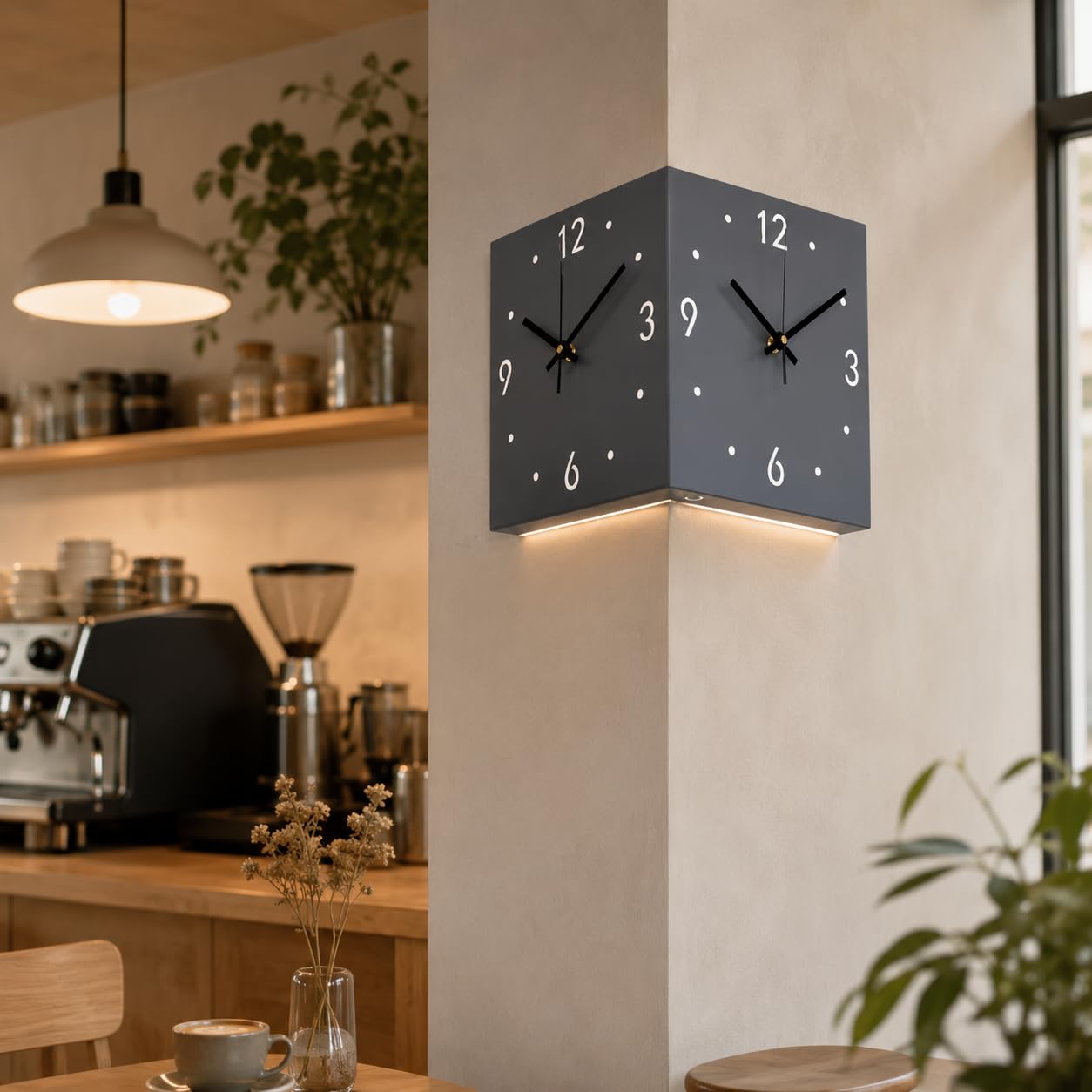 Reloj de Pared Esquina Doble Cara, Silencioso con Sensor Luz (Dorado) | Reloj de esquina doble cara, silencioso y a pilas. Con sensor de luz, es ideal para decorar su hogar u oficina.