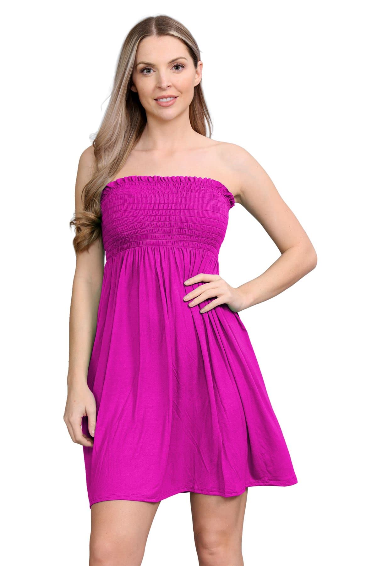 Janisramone Women's Cerise Janisramone® Bandeau Dress, Boob Tube Sheering Ruched Flared Mini Dress, Plain Strapless Summer Dresses, Perfect Holiday & Beach Dresses For Uk