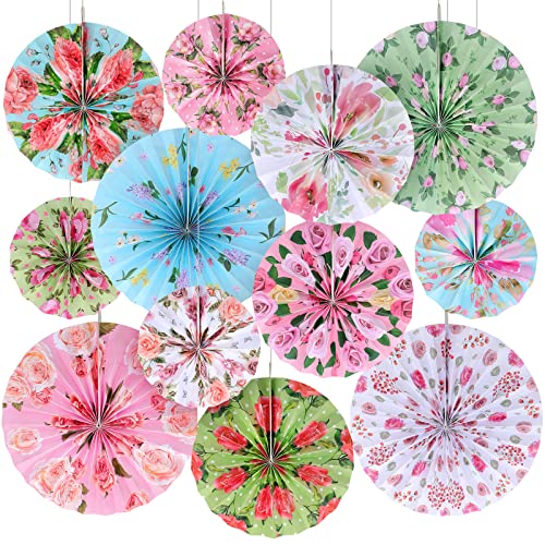 Thenshop 12 Pcs Tea Party Decorations Floral Party Hanging Paper Fans Wedding Paper Fans Decorations 3 Sizes Vintage Tea Bridal Shower Birthday Ceiling Decor