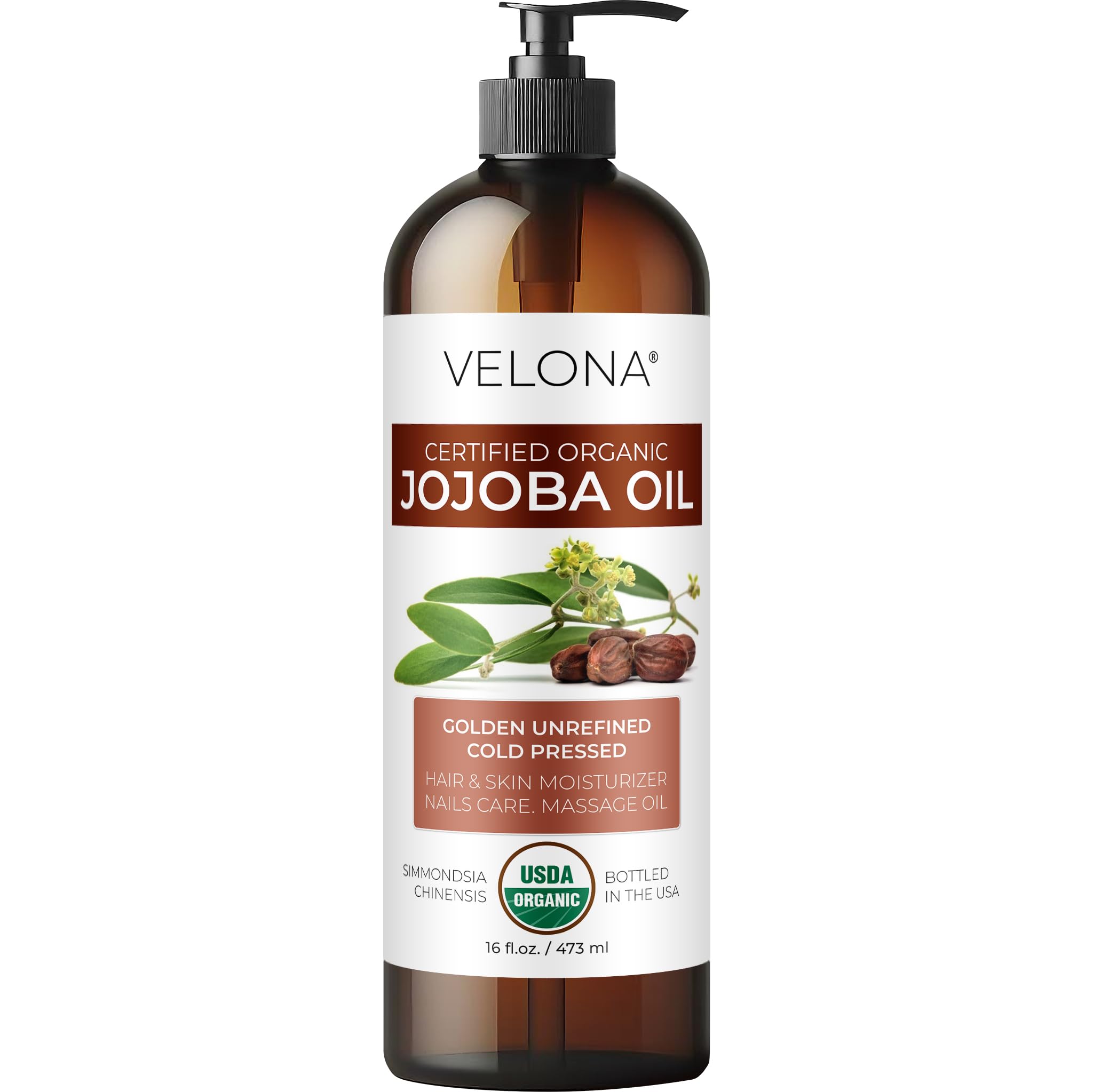 velona Jojoba Oil USDA Certified Organic - 16 fl oz (With Pump) | 100% Pure and Natural | Golden, Unrefined, Cold Pressed, Hexane Free | Moisturizing