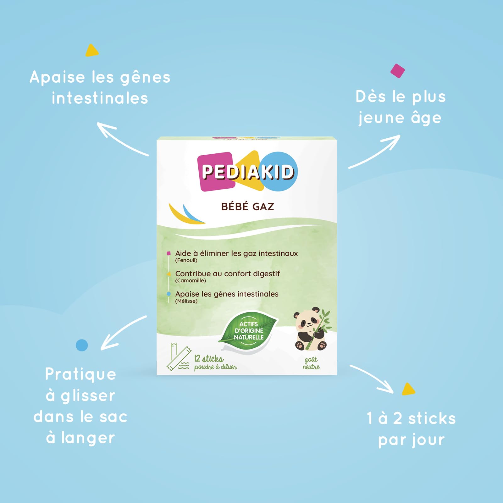 PEDIAKID - Bébé Gaz - Aux extraits de plantes & fibres - Aide à réduire les gaz et à améliorer le confort digestif - Dès la naissance - Format sticks de poudre à diluer facile à utiliser - Lot de 3