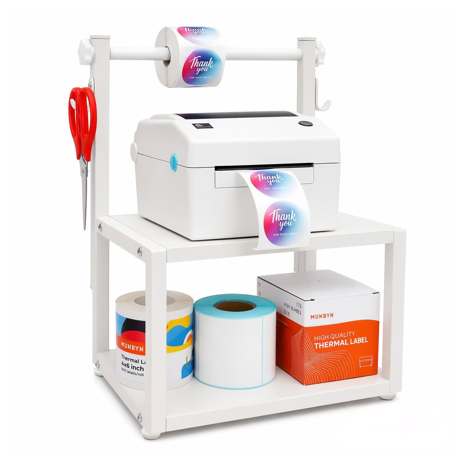 Label Holder for Rolls & Fan-Fold Labels,Desktop Thermal Printer Stand Adjustable Balance Screws forLabel Sticker Dispenser Ideal for Home/Office and Small Business & Warehouse 13.3"x10.5"x7.8", White