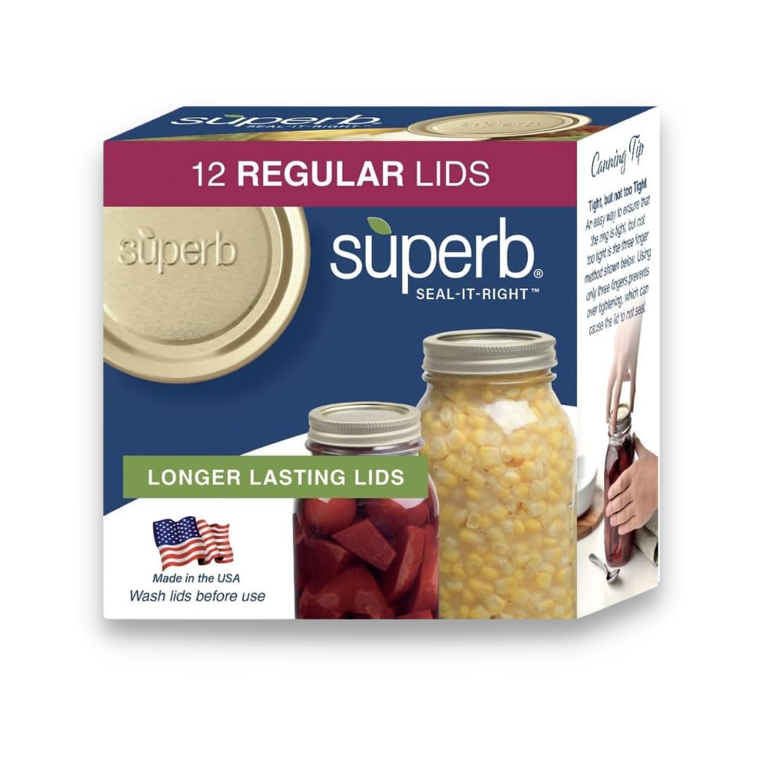 Superb Regular Mouth Mason Jar Canning Lids – Made in the USA – Pack of 12 Lids (1 Box of 12 Lids)