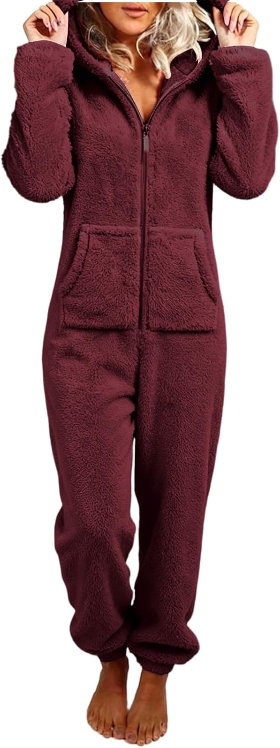 Women's Fleece Onesies Pajamas Jumpsuit Warm Sherpa Romper Sleepwear One Piece Zipper Hooded Playsuit Loungewear