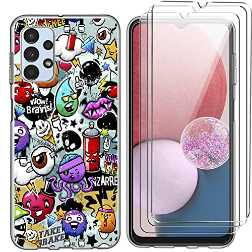 Funda para Samsung Galaxy A13 4G con Tres Cristal Templado Protector de Pantalla, Vistoso Suave TPU Anti-arañazos Protectora Carcasa para Samsung Galaxy A13 4G 6.6'' Cover