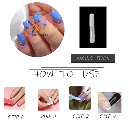 Miniatura 6 de MISUD Uñas postizas cuadradas cortas a presión Squoval, uñas postizas brillantes con pegamento, uñas acrílicas degradadas azules, uñas artificiales