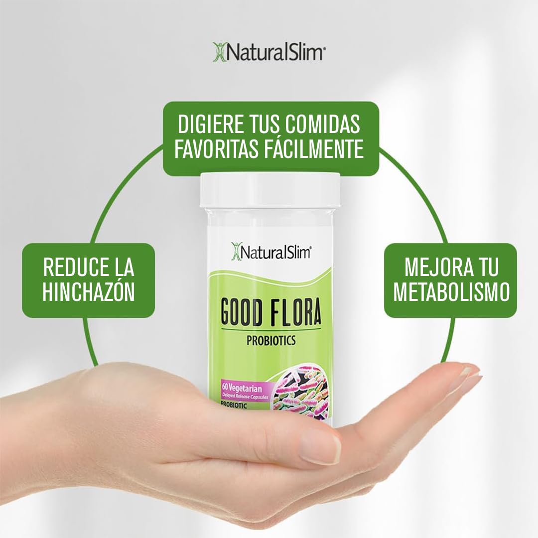 NaturalSlim Good Flora Probióticos intestinales y Enzimas Digestivas, Suplemento Natural para una Flora Intestinal Equilibrada, Digestión y Bienestar General, 7 tipos de probióticos, 60 Cápsulas