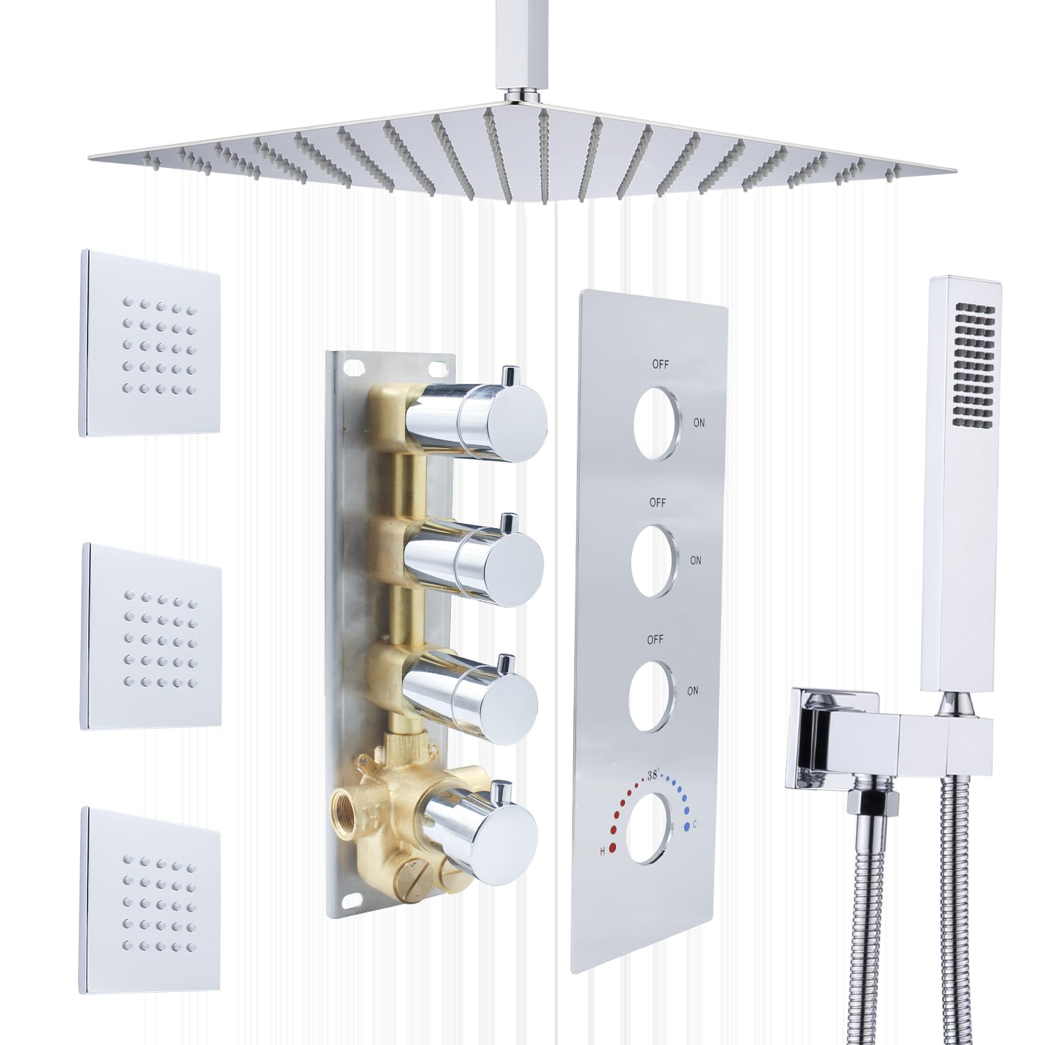Duschsystem Mit 2 Duschköpfen – Regenbrause 81,3 Cm + Wandbrause 15,2 Cm + 6 Körperdüsen, Thermostat
