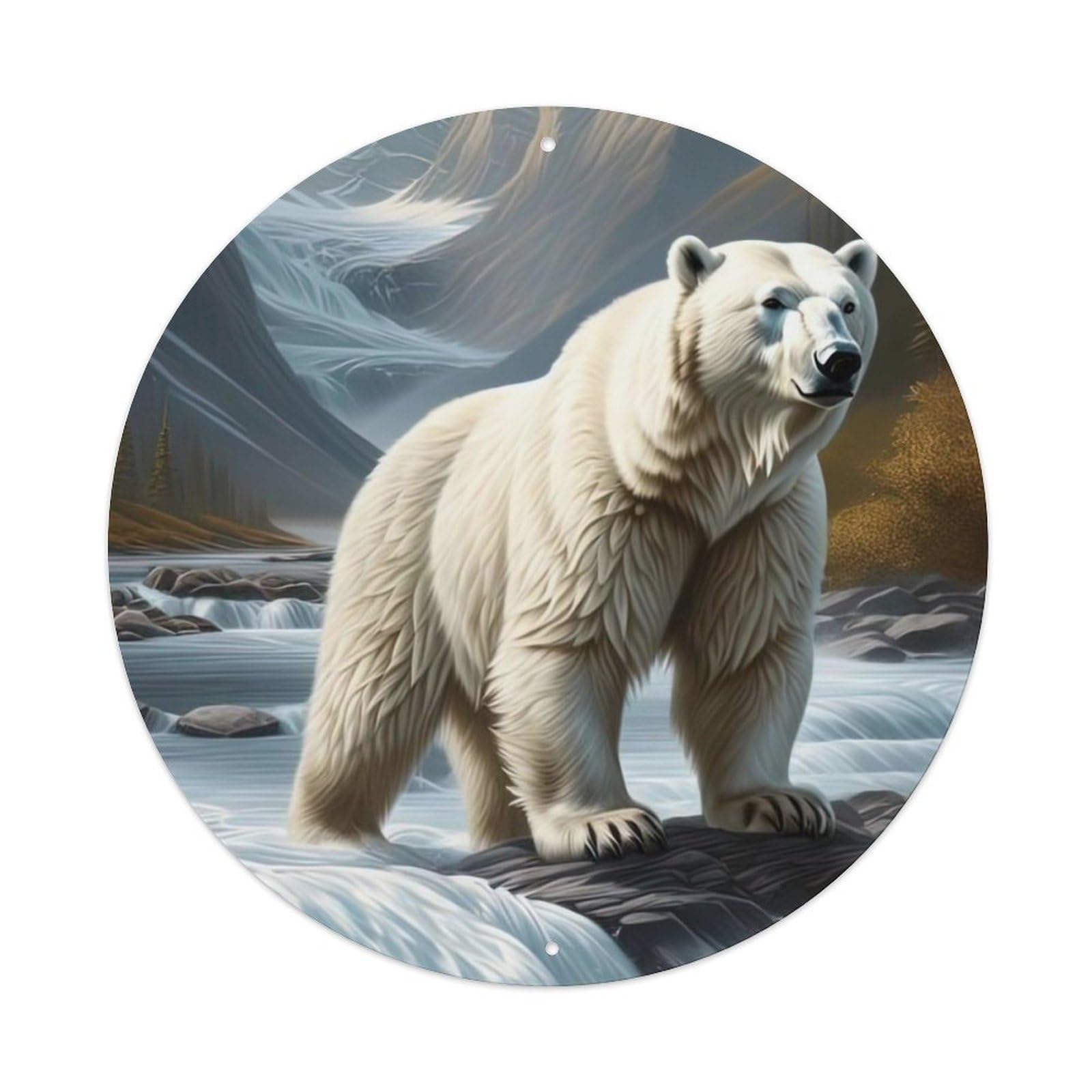 Animal Polar Bear in Mountain Stream with Snowy Peaks Wildlife Vintage Metal Tin Sign Plaque Wall Decor for Cafe, Club Bar, Office, Garden Metal Poster 8x8Inch