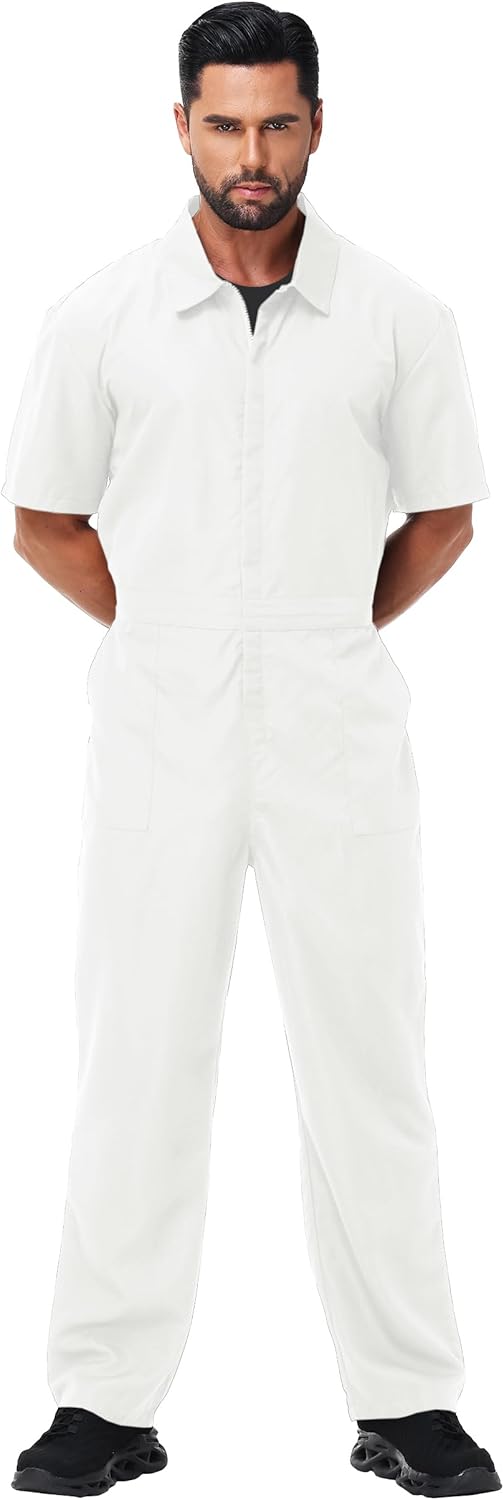 AOBUTE Men Halloween Mechanic Jumpsuit Short Sleeve Zipper Solid Color Coveralls