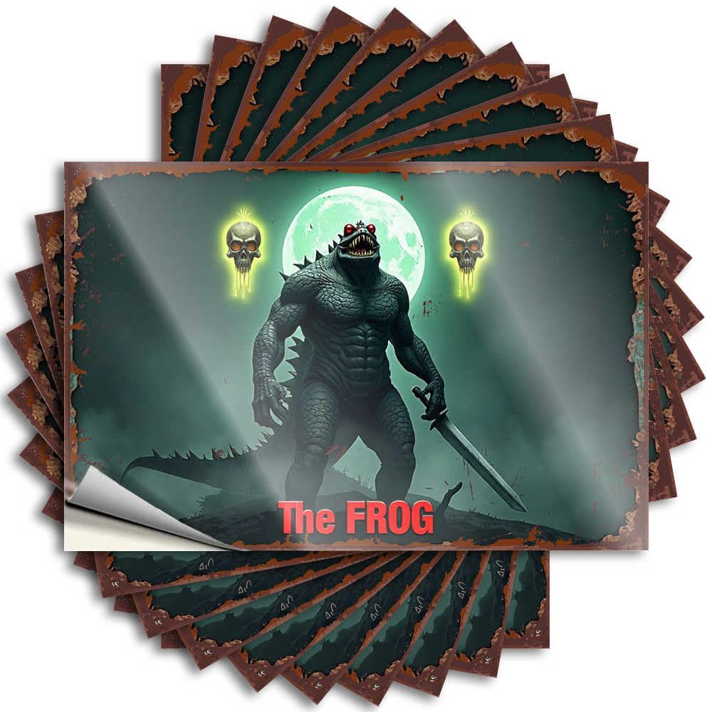 Funny Sticker Cool, Absorbing Garage Monstrous Frog with Sword Against Moonlit Sky | Vintage Bar Decor(12X18CM)