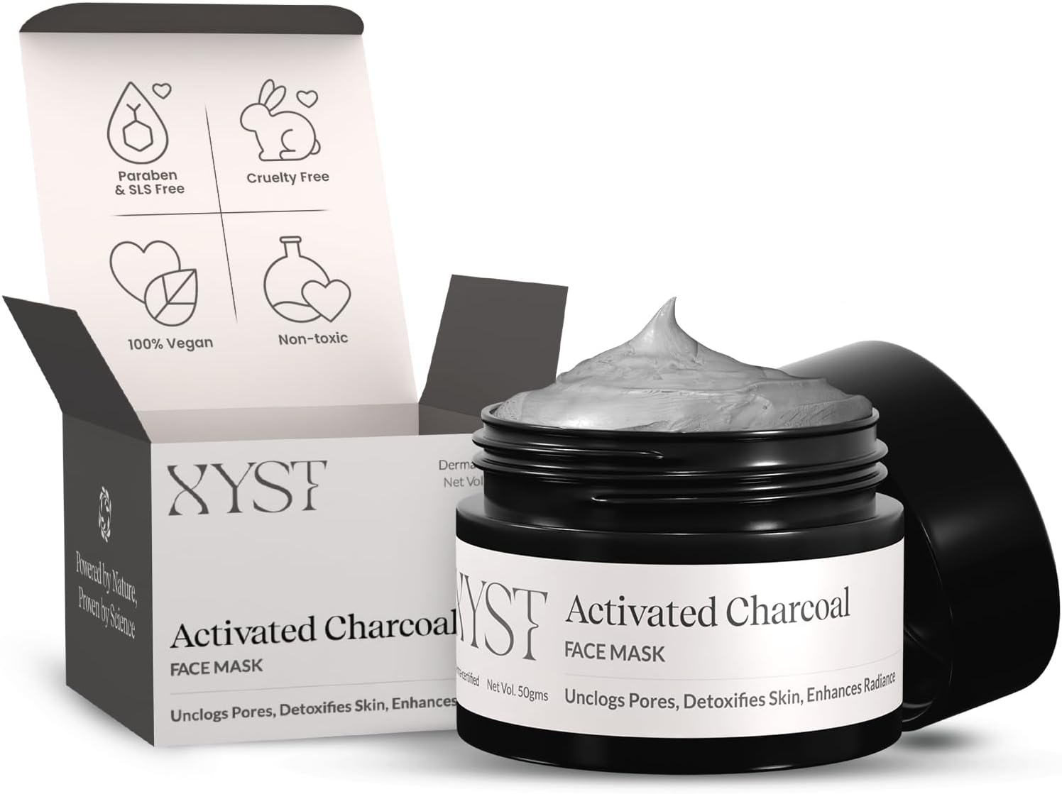 XYST Activated Charcoal Clay Mask for De-tan (50g) | Face Pack to Unclog Pores, Remove Impurities, 100% Vegan | Removes Excess Oil & Dirt | For Men & Women | Derma-tested For All Skin Type