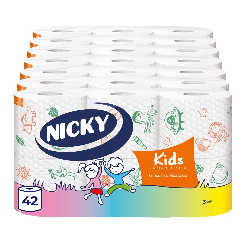 Nicky Kids – 42 Rotoli di Carta Igienica per Bambini, 170 Soffici Fogli a 3 Veli, Quattro Simpatiche e Colorate Trame, Ogni Rotolo Racconta una Storia, Carta 100% Certificata FSC