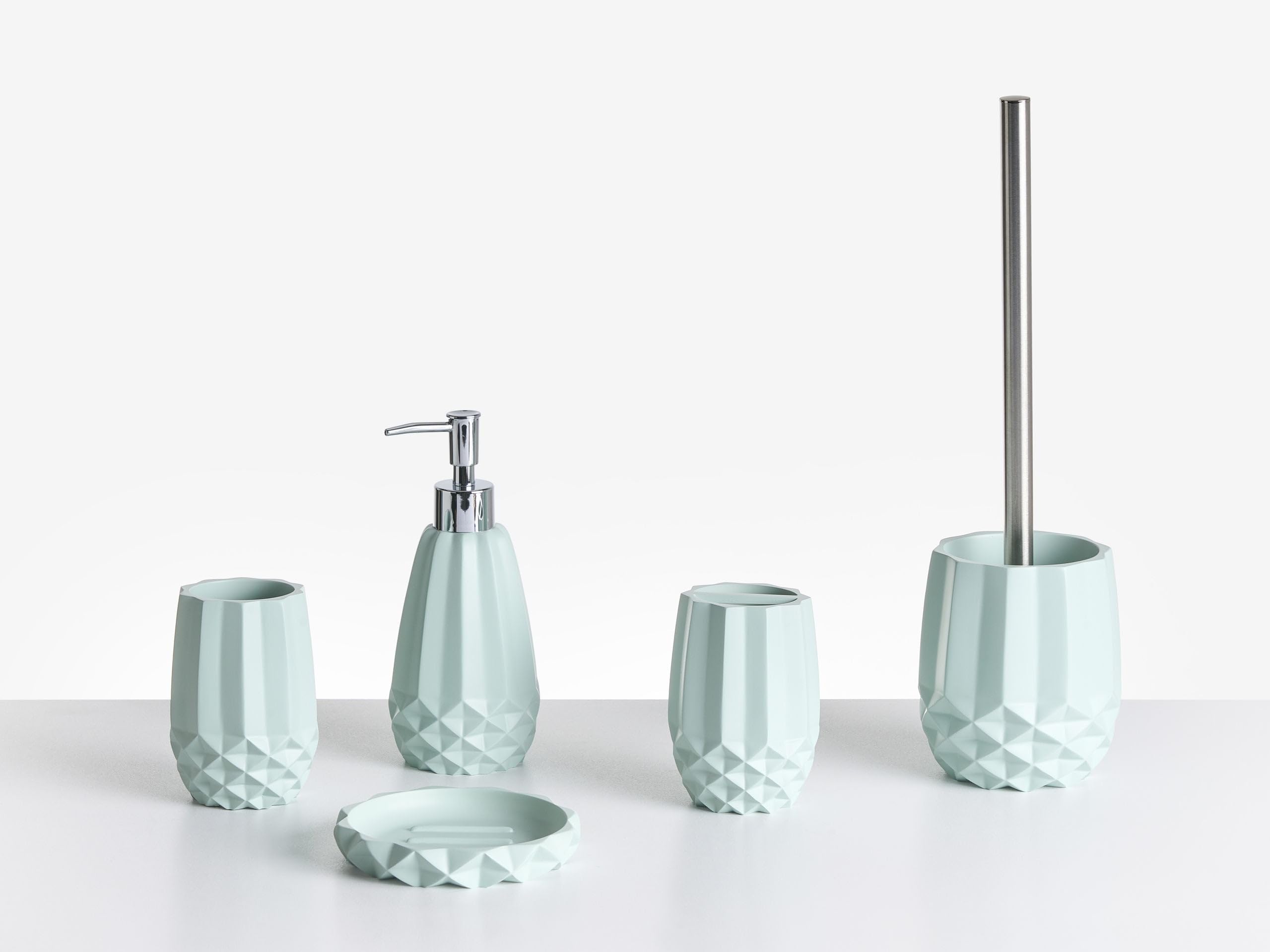 Conjunto de 5 Accesorios de baño jabonera dispensador de jabón escobilla de Inodoro Vaso Soporte para cepillos de Dientes Verde Menta Samiria