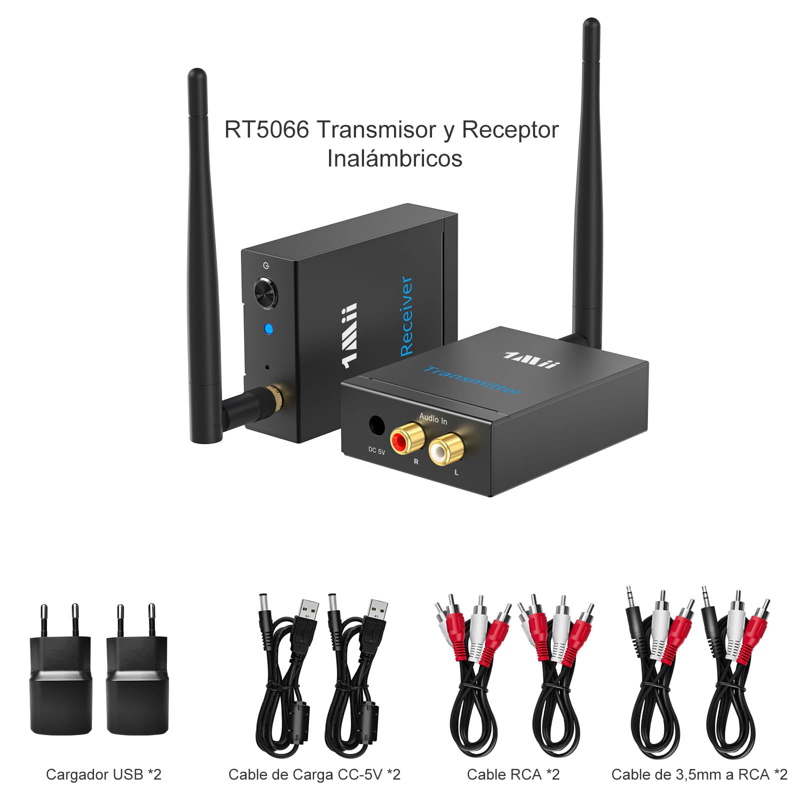 1Mii Transmisor Receptor Inalámbrico Audio HiFi (1TX+1RX), 2.4GHz Adaptador Emisor Audio Largo Alcance 100m, 20ms Baja Latencia Desde TV/PC a Altavoz Activo/Subwoofer/Barra de Sonido, Salida AUX/RCA