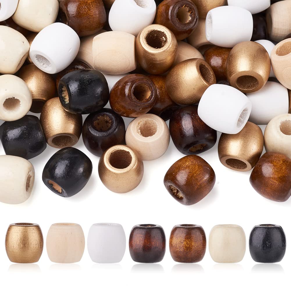 Craftdady 210Pcs 7 Style Wooden Drum Oval Dreadlocks Beard Hair Braid Beads 17x16mm Large Hole Barrel Spacer for Macrame Craft Braided Jewellery Making Hole:8mm