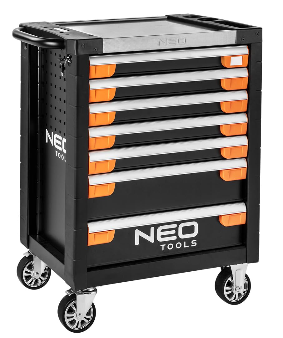 NEO TOOLS PRO wózek warsztatowy wyposażony w 329 części, 7 szuflad, profesjonalna szafka narzędziowa, stal SPCC, aluminiowy blat roboczy, wkładki EVA, nośność 300 kg