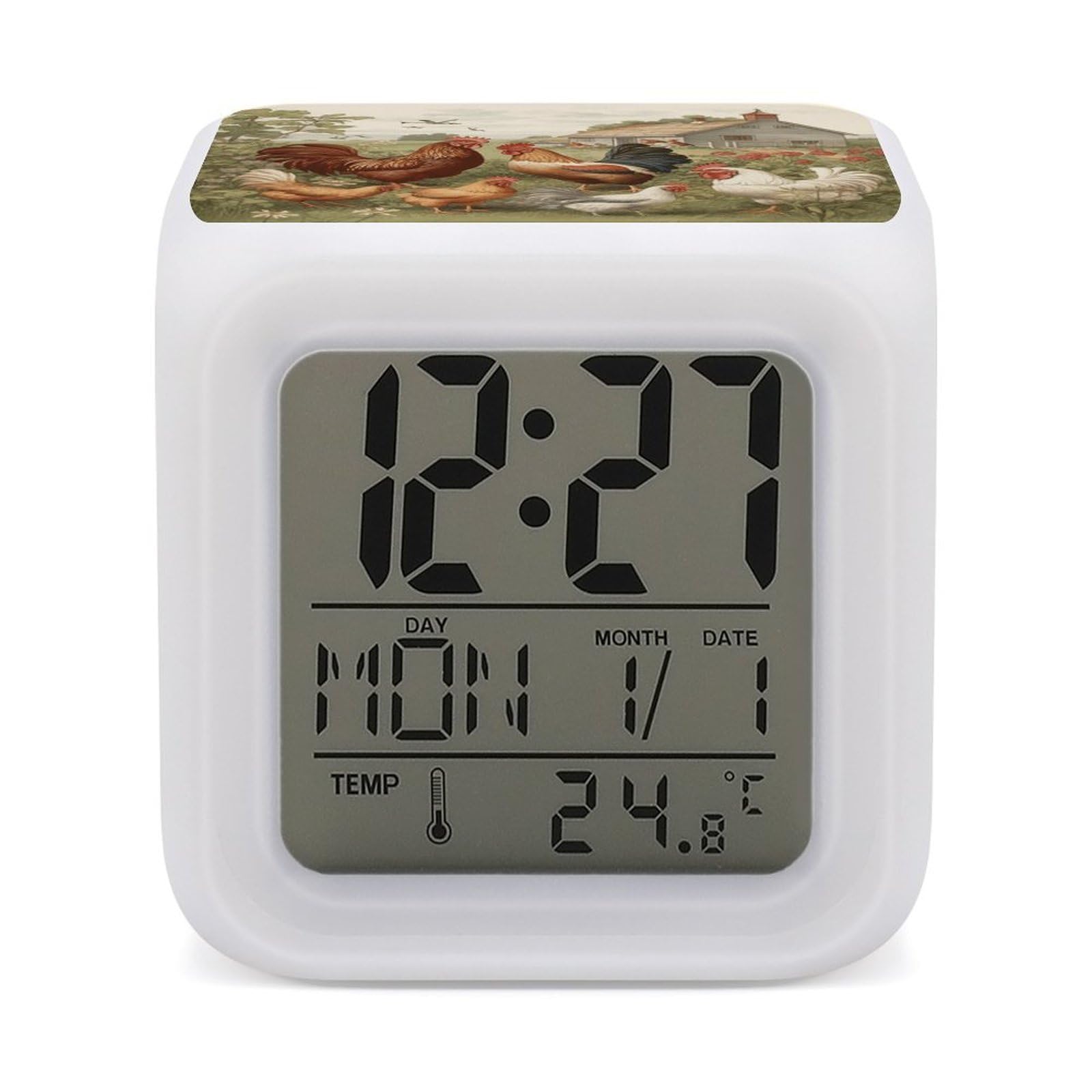 VstaDank Chickens and Farm Digital Alarm Clock LED Display Screen Color Change Alarms Clock Smart Alarm Clock Wake Up Digital Clocks with 7 Color Nightlight for Bedroom
