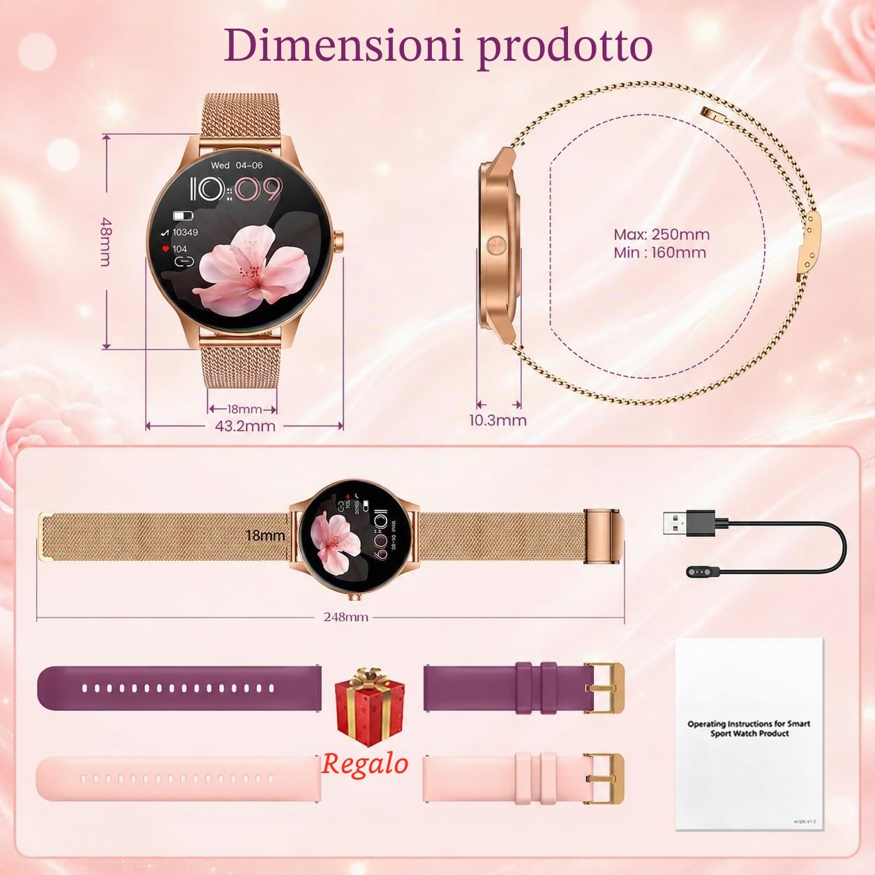 Smartwatch Donna Orologio Chiamate Bluetooth: 1,27" Tondo Touch Orologi Smart Watch da Impermeabile Sport Fitness Contapassi Cardiofrequenzimetro Pressione Caloriec Oro Polso per Android iOS Telefono