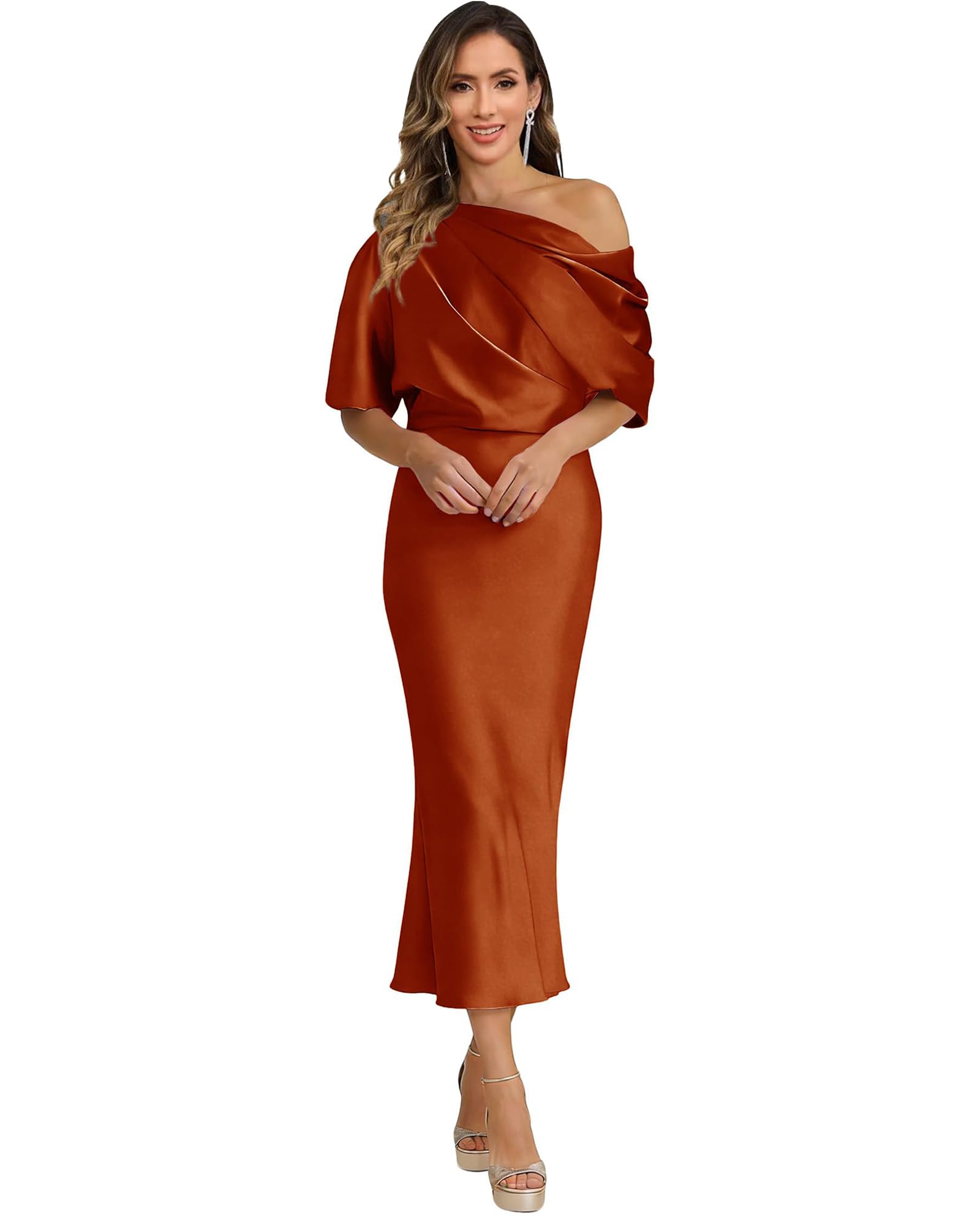 Satin Mother of The Bride Dresses for Wedding One Shoulder Evening Dress Tea Length Mermaid