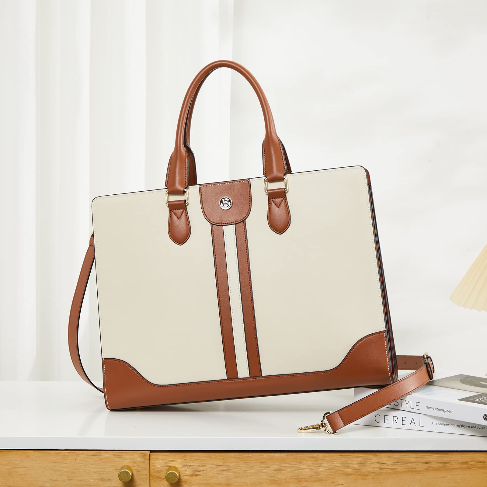 BOSTANTEN Maletín de cuero para laptop para mujer, bolsa de hombro de 15.6 pulgadas, bolsa de trabajo para computadora de negocios, beige (B-Beige), Duradero, vintage