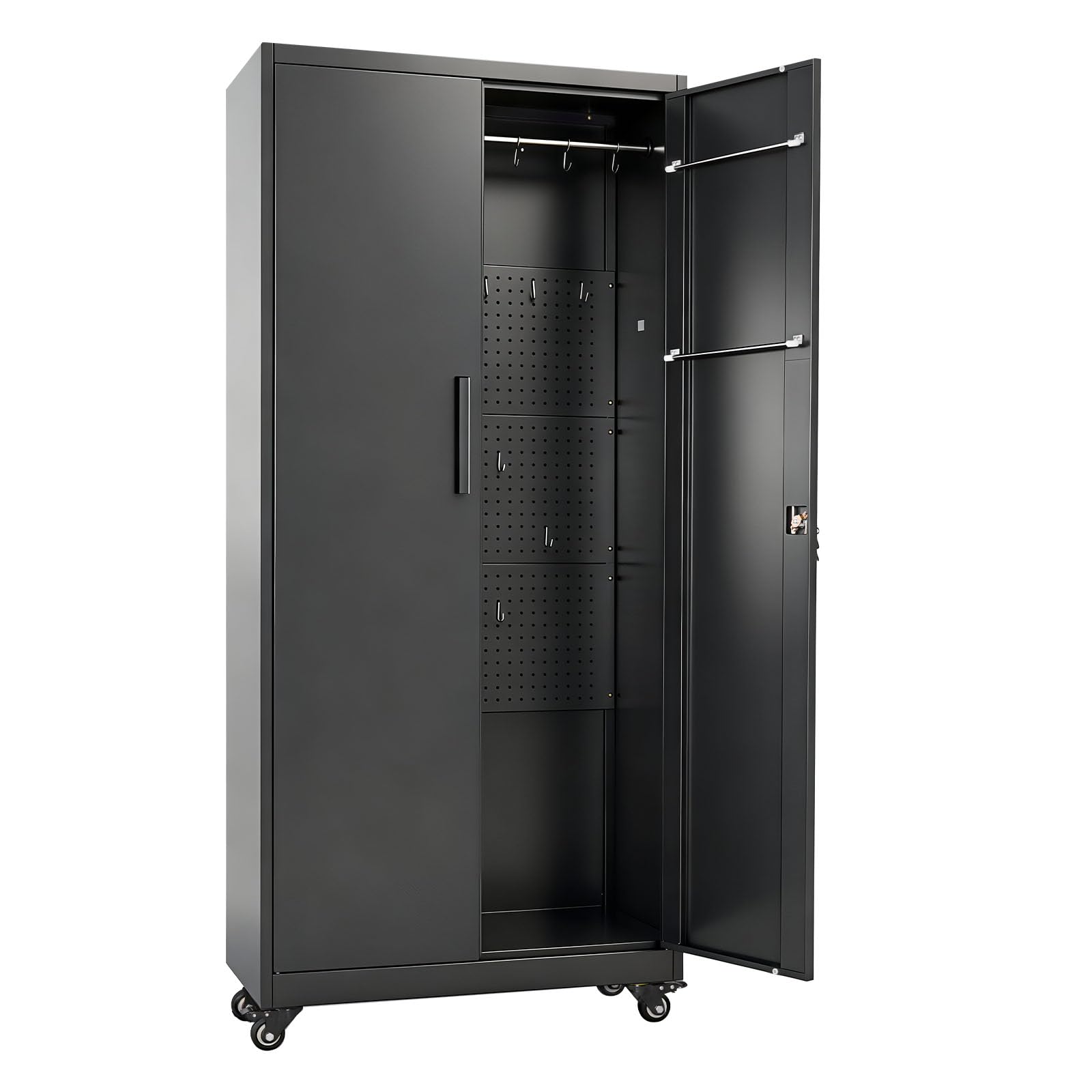 VEVOR Armoire Métallique 179,5 cm 5 Niveaux, Meuble de Rangement en Acier Verrouillable, pour Outils Atelier Bureau, sur roulettes, avec Étagères Réglables, 2 Portes Magnétiques, Tringles et Crochets