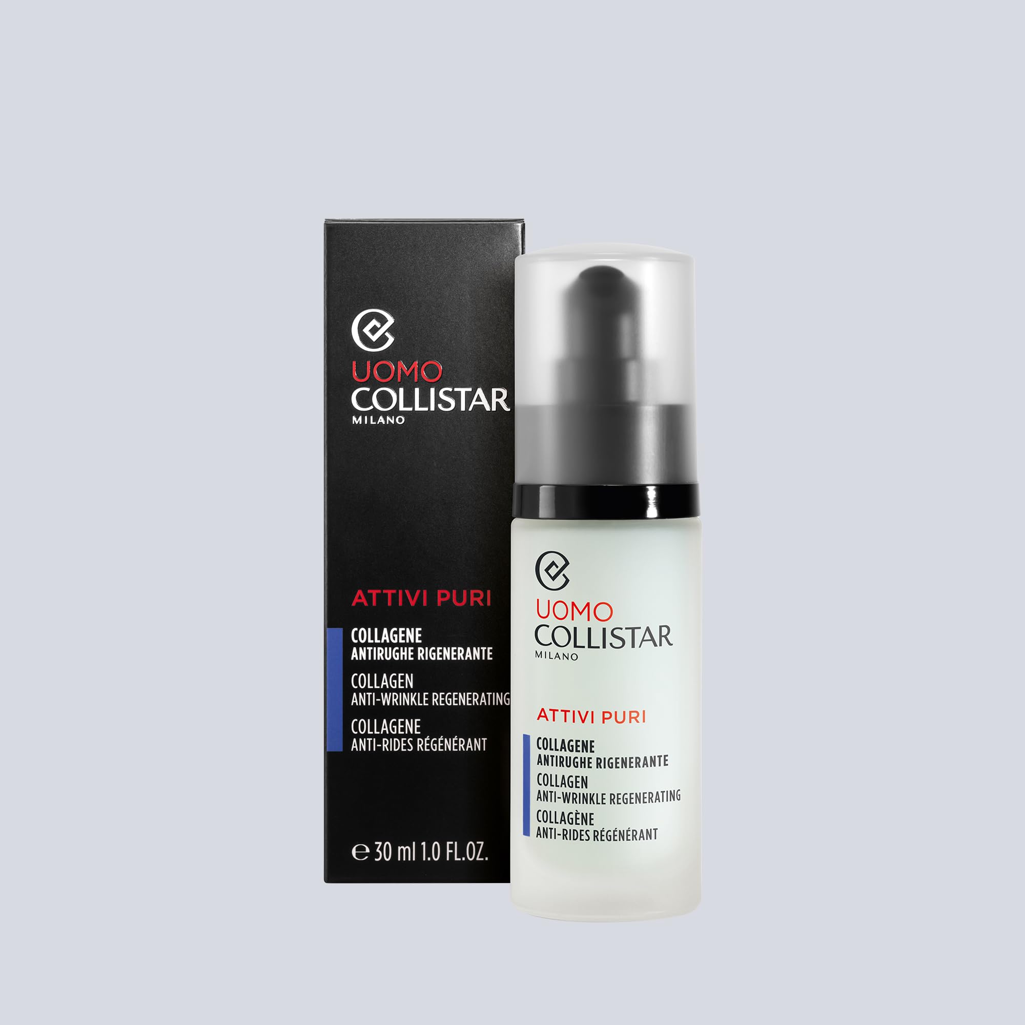 Collistar Attivi Puri Uomo Collagene Anti- rughe Rigenerante, Siero ricompattante idratante elasticizzante, Uso quotidiano, Anche dopo la rasatura, Ideale anche per pelli sensibili, 30 ml