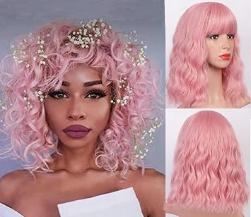 Curly Wavy Wig Short Bob Wigs Bright Pink Womens Short Wig With Bangs Curly Wavy Synthetic Cosplay Wig Pastel Wig for Girl Costume Wigs Pink Color