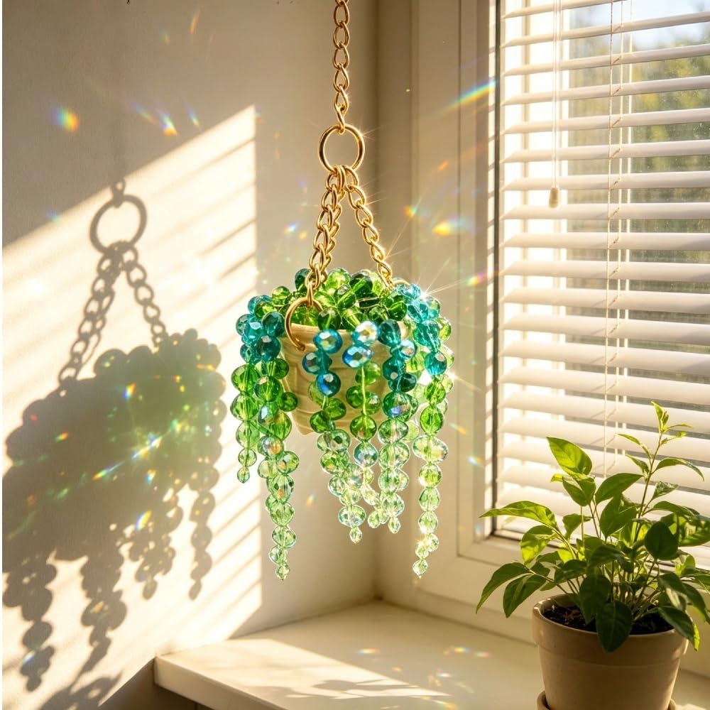 Bling Suncatcher String of Beads Plant Hanging, Gardenn Crystal Sun Catcher Plant Lover Gift, Handcrafted Crystal Succulent Sun Catchers for Window Hanging, Car Hanging Ornament