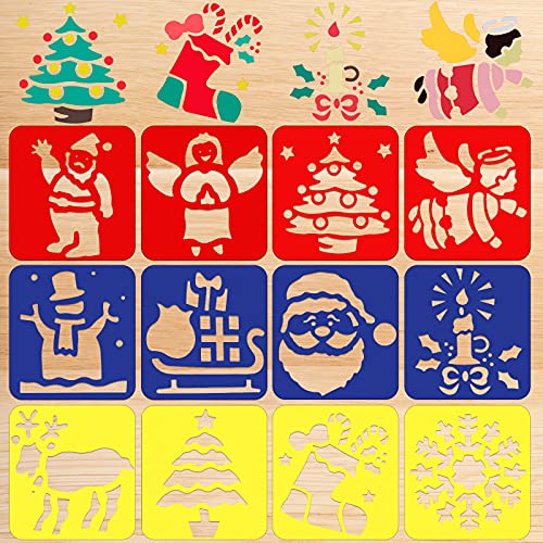Containlol 12 Plantillas de Pintura Navideña Plantilla de Navidad de 6 x 5,5 Pulgadas Plantilla de Dibujo de Plástico de Manualidad Plantilla de Vacación de Copo de Nieve Árbol de Navidad para Niños Cover