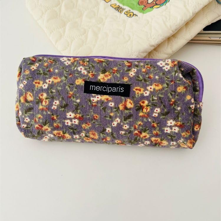 Image of Flower Prints Pencil Pen Pouch Purse Bag Cosmetic Case Organizer Soft Cotton Canvas (C)
