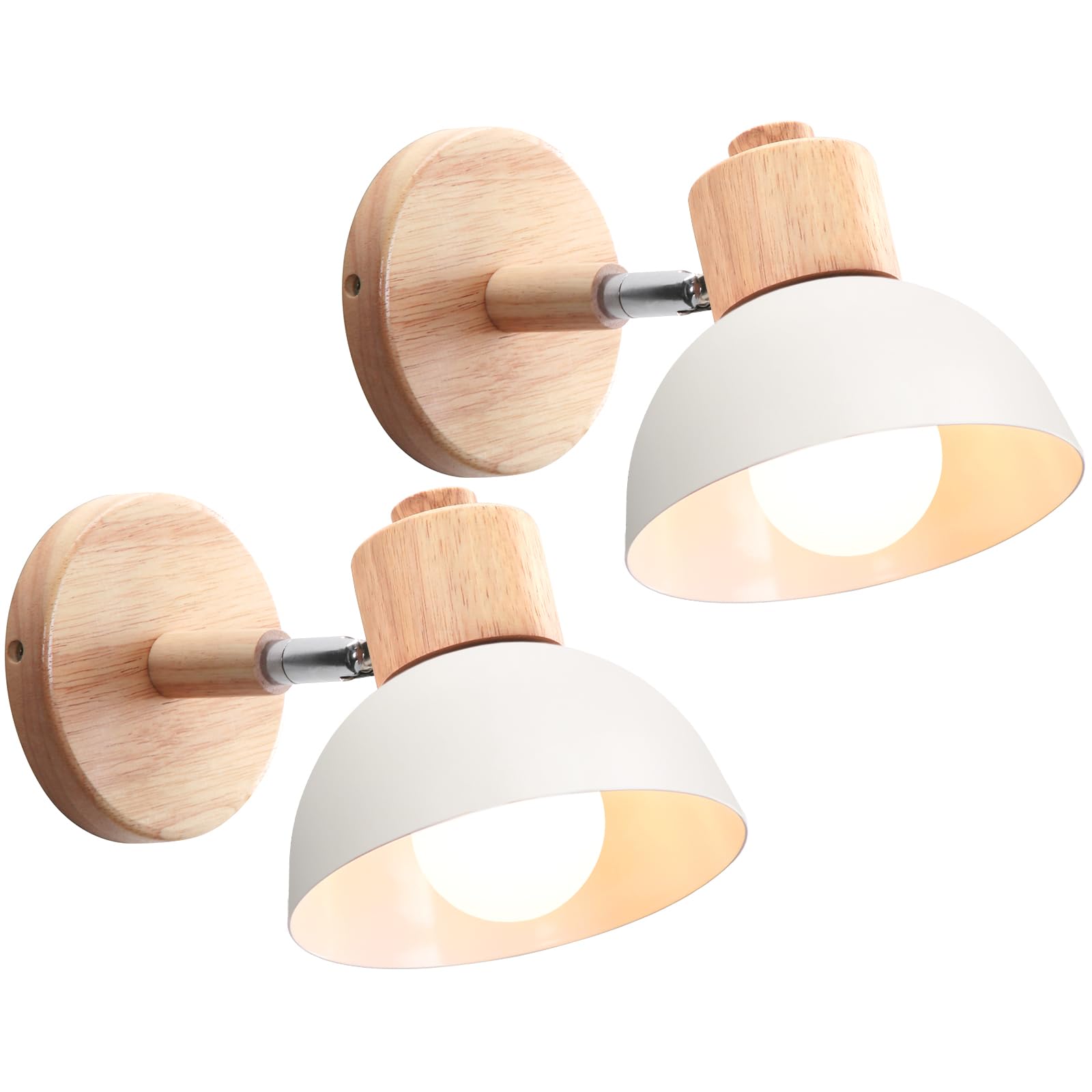 iDEGU 2 Piezas Apliques de Pared Moderno, Lámparas de Pared para Dormitorio Simple E27 Iluminación Interior Luz de Pared en Madera Hierro Ajustable Foco de Pared para Pasillo Salón Cafetería (Blanco)
