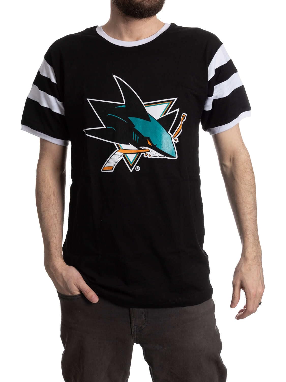 Calhoun Men's San Jose Sharks Nhl Surf & Skate Shoulder Stripe Varsity Inset Sleeve Retro Style T-Shirt – The Coastal Collection, Xxl