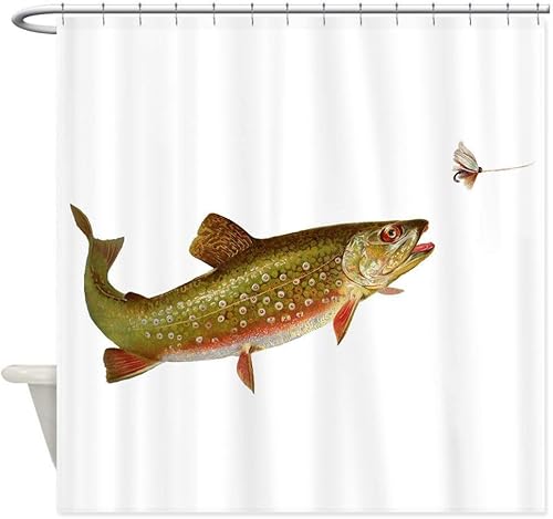 Cortina de ducha, diseño retro de trucha, diseño de ilustración, cortina de poliéster impermeable con 12 ganchos a prueba de óxido, 72 x 72 pulgadas