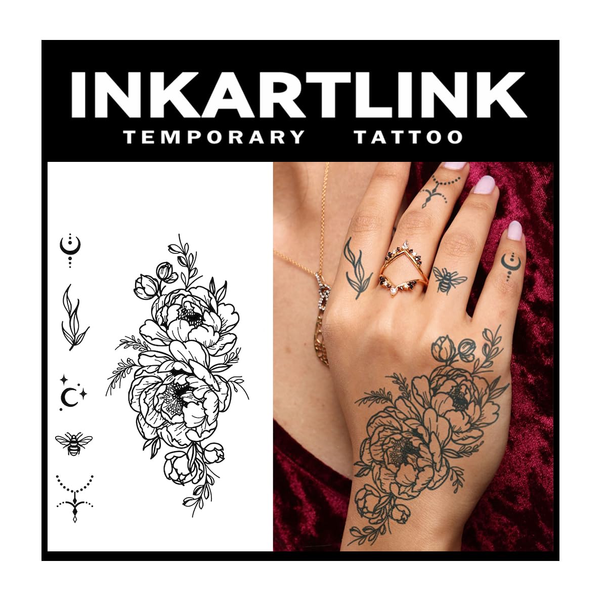 Tattoo Tech, 2 Sheets Large Semi Permanent Tattoo, Adult Art Design Temporary Tattoos, Lasts 1-2 Weeks, Waterproof, Realistic Look, No Adhesive, No Reflection (Fingers and Flowers)