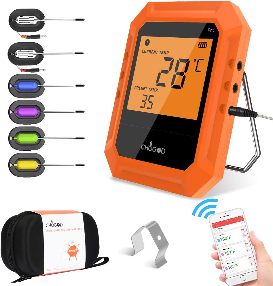 Meat Thermometer BBQ Thermometer Cooking Food Wireless Bluetooth Digital Thermometer- 6 Stainless Steel Probes/Carrying Case for Smoker Grilling Oven Kitchen Support iOS & Android FDA approved