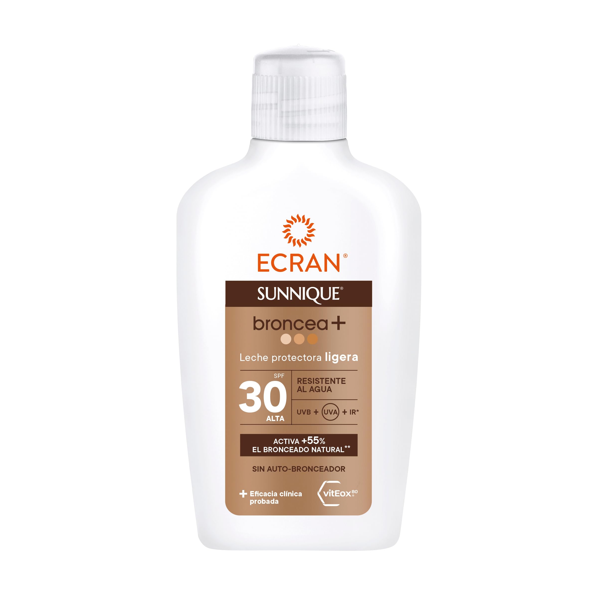 Ecran Sunnique - Leche Protectora Solar Broncea+ FPS 50, Protección Media UVB y UVA, Activa el Bronceado Natural, Sin Autobronceador, con Tecnología PureBronze, Resistente al Agua - 200 ml