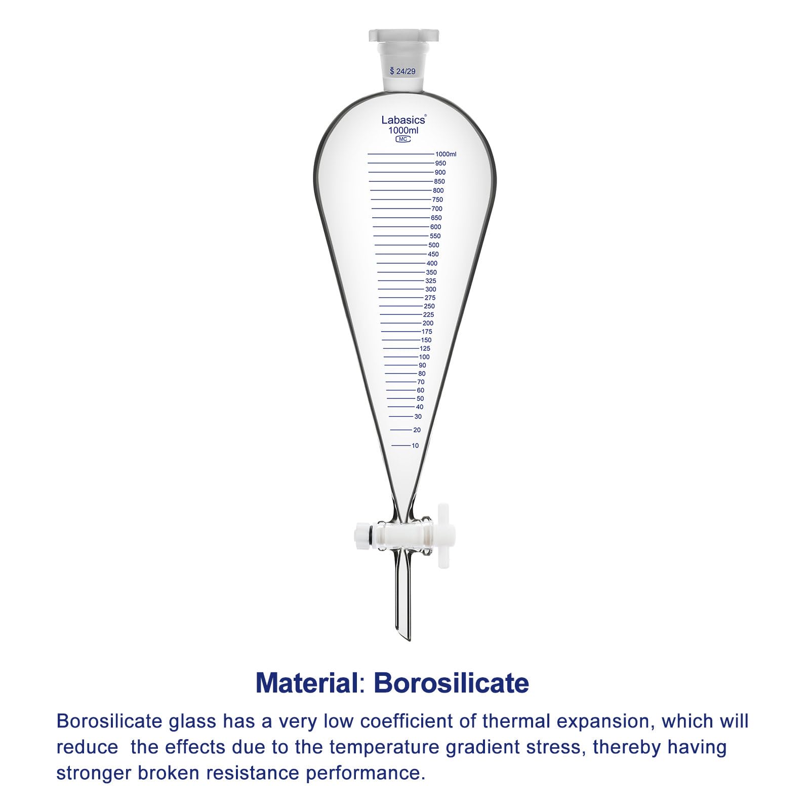 Labasics Graduierte Trenntrichter, 1000 ml Schwerwandiger Borosilikatglas-Trenntrichter mit 24/29 Anschluss und PTFE-Stopfen