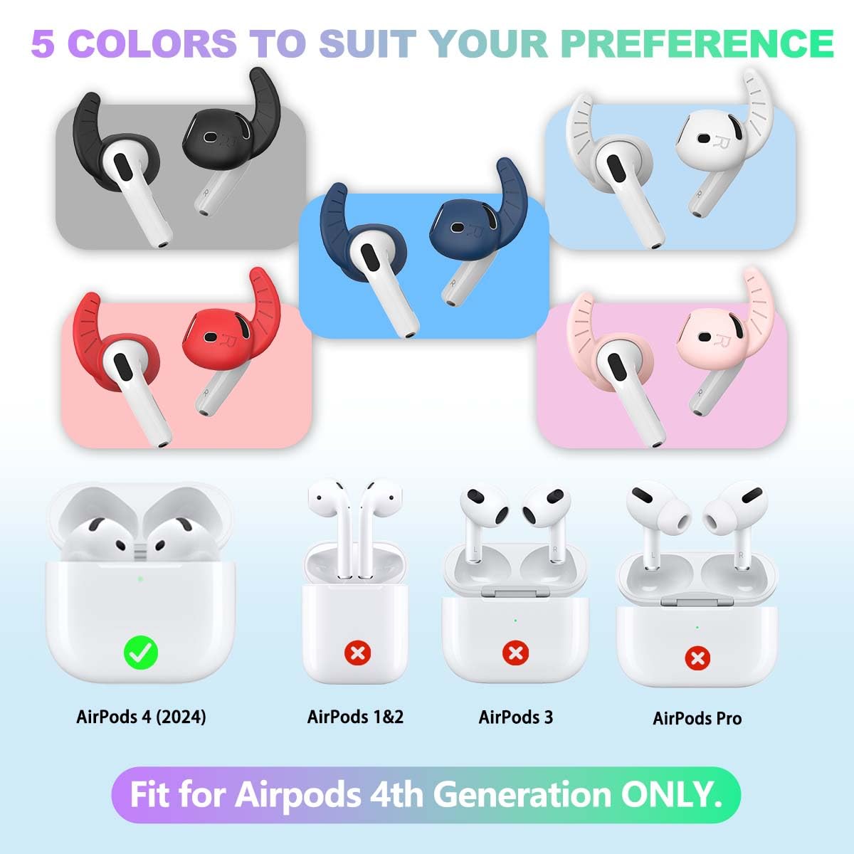 [5 pares] Ganchos para auriculares AirPods 4 (2024), accesorios de silicona antideslizante para AirPods 4 ganchos para las orejas, accesorios de repuesto para AirPods 4 almohadillas compatibles con
