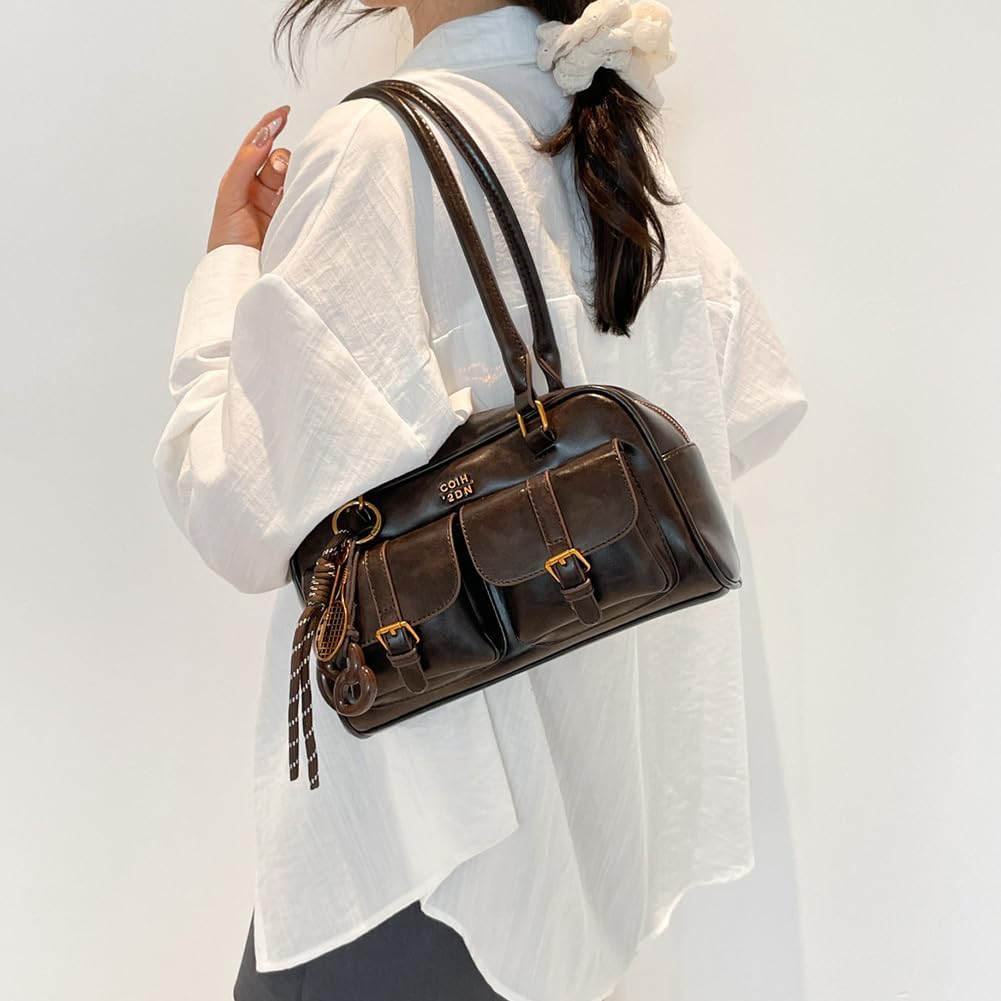 PU Leather Multi-Pocket Shoulder Bag - Solid Color with Pendant - Image 6