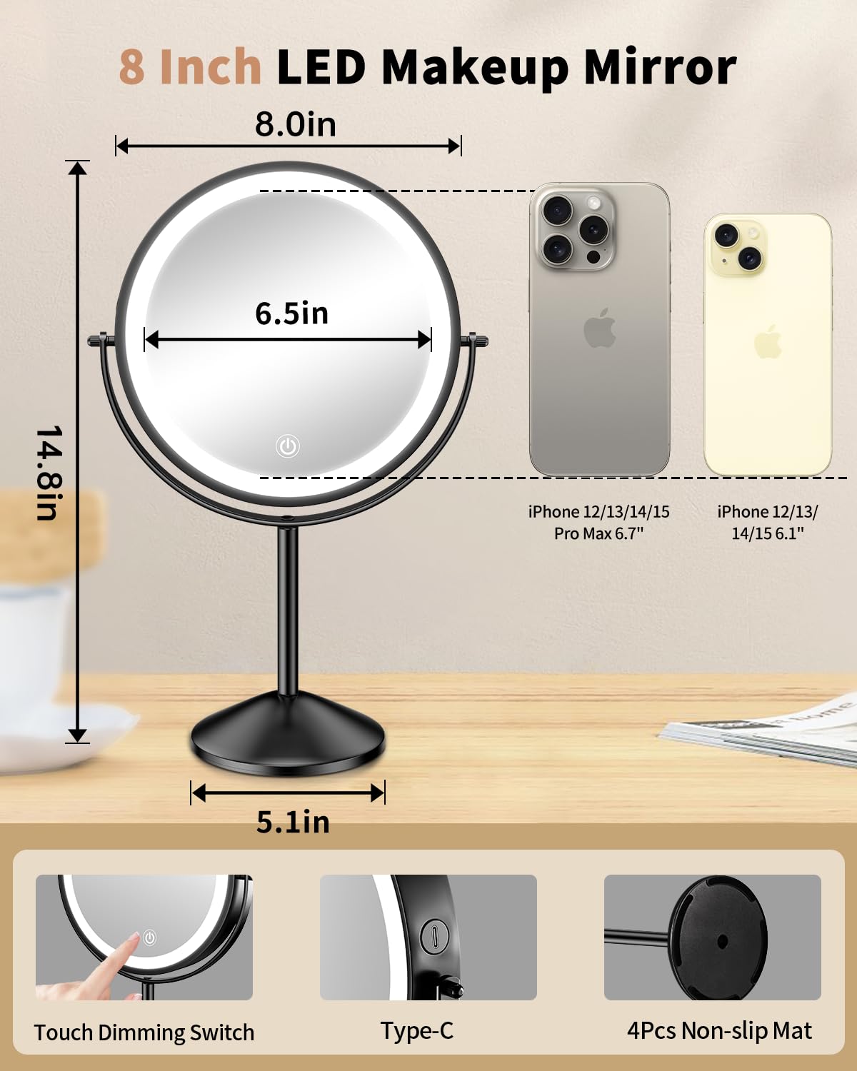 Gospire Specchio da trucco illuminato da 8 pollici con ingrandimento 10X/1X, 3 luci di colore | Regolazione della luminosità, rotazione a 360°, doppio lato, ricaricabile, senza fili, specchio cosmetico a LED per trucco