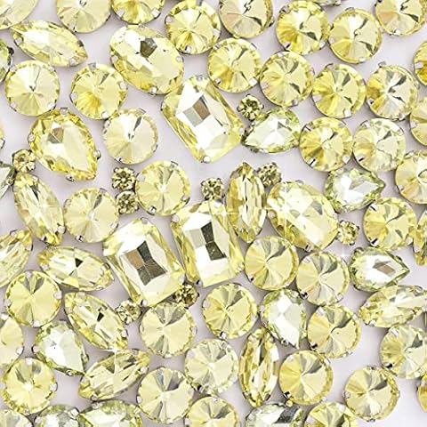 Topfive 120PCS Sew On Rhinestone with Claw Mixed Shapes in 7 Sizes for DIY Craft, Costume, Earring Jewelry Making, Belt and Shoes Fashion Decoration (Light Yellow) Cover